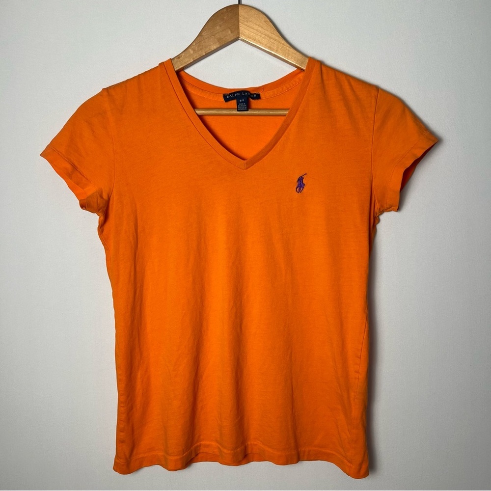 Ralph Lauren Women’s V Neck Short Sleeve T Shirt Logo Pony Orange Small Preppy